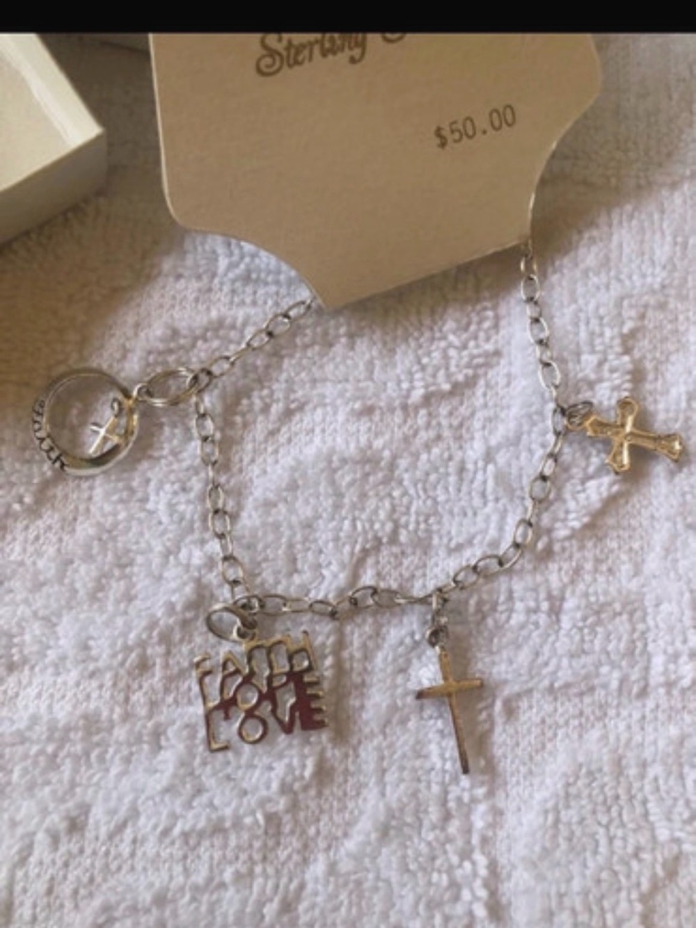 NWT Sterling Silver Bracelet *Faith Hope Love* Crosses